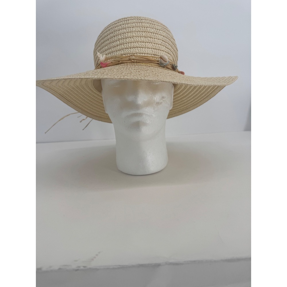 Panama Jack Womens Wide Brim Straw Sun Hat Beige Seashell Raffia Bow NWT OSFM
